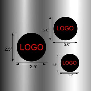 Puede incluir: Tres círculos negros con la palabra "LOGO" en texto rojo. Los círculos tienen un diámetro de 2,5 pulgadas, 2 pulgadas y 1,5 pulgadas.