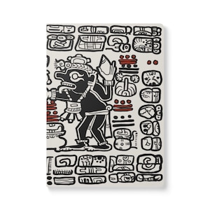 May include: Black and white illustration of a stylised figure with a headdress, surrounded by geometric patterns and symbols. The figure is holding a hand up in a gesture of offering. The background is white with red accents.
