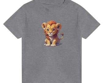 May include: A gray t-shirt with a cartoon illustration of a small, brown lion cub with a light orange mane. The lion cub is sitting on the ground with its paws tucked under its body and its head tilted down. The lion cub has a sad expression on its face.