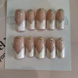 Medium square v french tip press ons with rhinestones