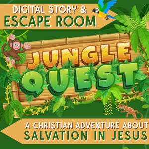 Op de afbeelding: Een digitale escape room-afbeelding met de titel "Jungle Quest" in grote, kleurrijke letters. De afbeelding toont een aap, een papegaai en een hagedis, met de tekst "A Christian Adventure About Salvation in Jesus."