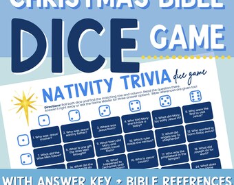 Juego de dados con preguntas y respuestas bíblicas sobre la Natividad de la Navidad (Lucas 2). Actividad de Adviento. Juego imprimible para grupos juveniles y escuela dominical cristiana. ¡Lanza los dados!