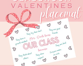 Plantilla de mantel individual para el día de San Valentín, personalizada, de maestro a estudiantes, para el aula, decoración imprimible, fiesta de clase, actividad de intercambio para estudiantes