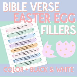 May include: Printable Easter egg fillers with Bible verses. The image shows a set of colorful Easter egg-shaped cards with Bible verses related to the resurrection of Jesus Christ. The text includes verses from Matthew, Luke, John, Romans, 1 Corinthians, 2 Corinthians, Philippians, and Revelation.