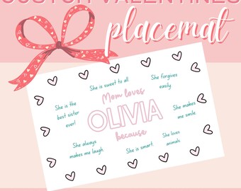 Plantilla de mantel individual personalizada para el día de San Valentín, decoración imprimible, razones por las que te amo, linda decoración para niños, mesa familiar digital para niños