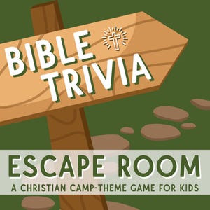 May include: A brown wooden sign with the text "Bible Trivia Escape Room" and a Christian cross symbol. The sign is pointing to the right and is set against a green background with brown rocks.