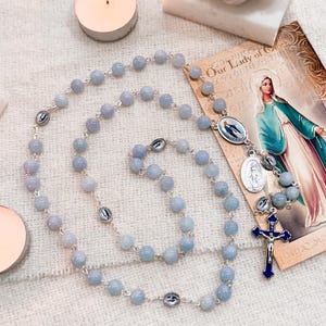 Our Lady of Grace Rosary | Light Blue Aquamarine Beads |Our Lady of Grace Center & Beads | Enameled Italy Crucifix