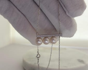 Sterling Silver Bar Necklace, Freshwater Pearl Dainty Chain, Modern Minimalist Jewelry