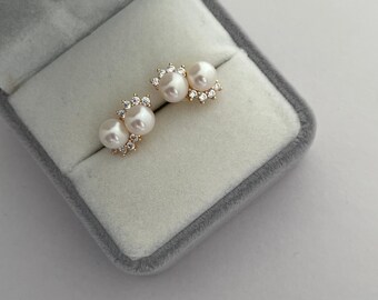 Freshwater Pearl Zircon Cluster Stud Earrings | Floral Bridal Jewelry