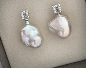 Baroque Pearl Earrings with Sugar Cube Zircon Studs – Statement Freshwater Pearls