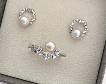 Quiet Glow Freshwater Pearl Studs and Ring Set Strong Luster Almost Flawless