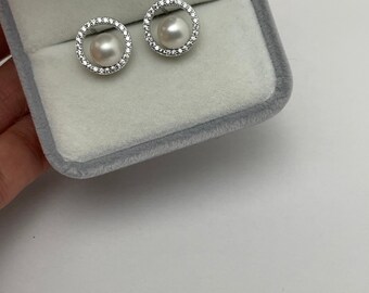 Moonlight Pearl Halo Stud Earrings | Freshwater Pearl, CZ Circle, Elegant Everyday Jewelry