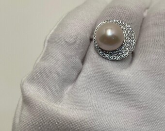 11-12mm Freshwater Pearl Halo Adjustable Ring | Crystal Statement Ring | Classic Gift for Her