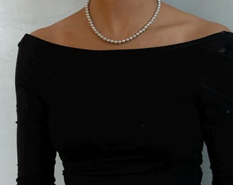 Classic Natural  Saltwater Ocean Gray Blue tone 6-7mm Akoya Pearl Necklace Sterling Silver Clasp, Gift for Her