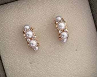 Gold Freshwater Pearl Crescent Earrings, Minimalist Studs, Elegant Modern Jewelry