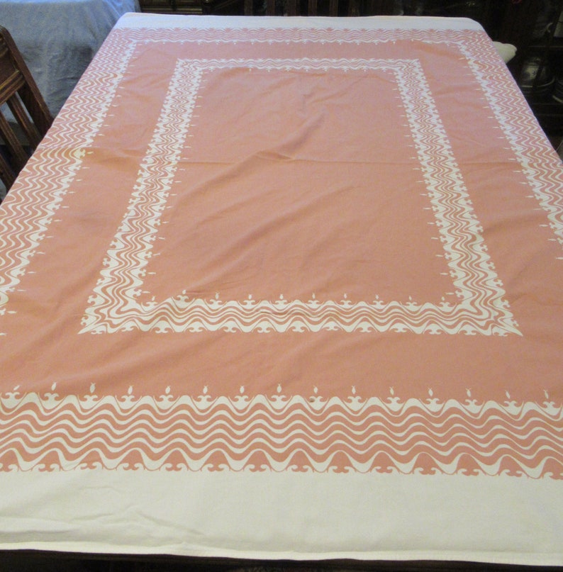 Cotton Tablecloth 50's Vintage Salmon Pink Fish and Wave Abstract Theme