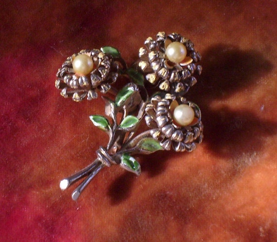 Gold Enamel and Pearl Flower Brooch Pin Vintage A… - image 1