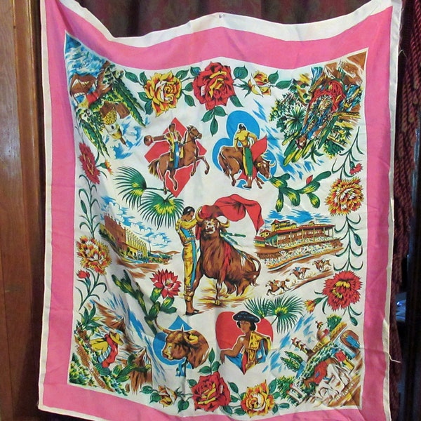 Stunning Bullfight/ Sights of Mexico Scarf Vintage 50's