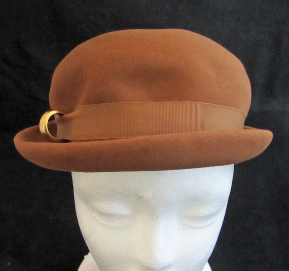 Vintage 40s Womens Felt Wool Hat Orange Brown Cloche Bowler 1980s Mayser by Monika Zechbauer Terracotta Wool Felt Cloche  main image 2