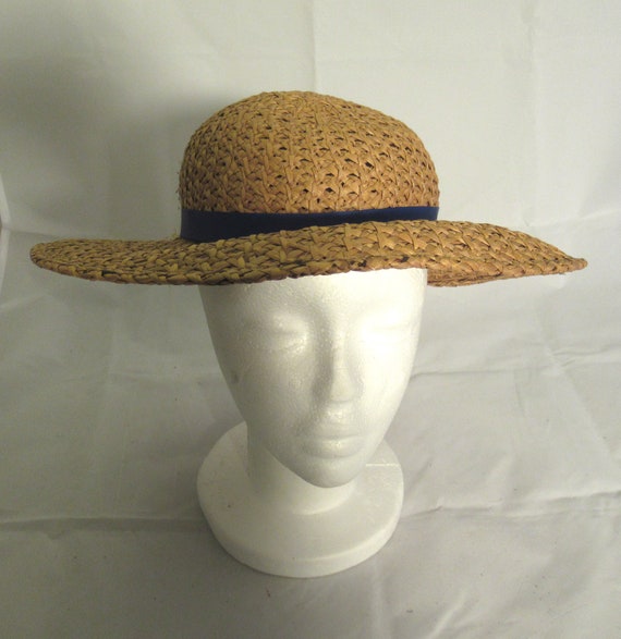 Wide Brimmed Straw Sun Hat with blue Ribbon Vinta