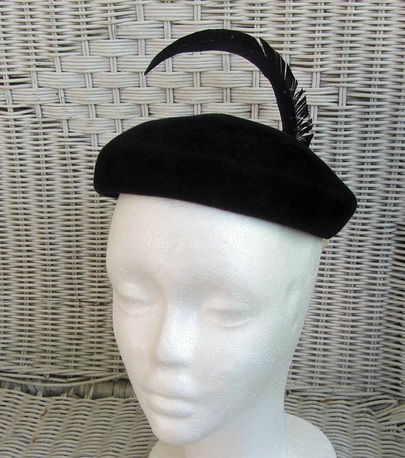 Black Wool Felt Pillbox Hat Vintage 50's Feather … - image 3