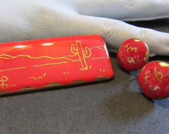 Red and Gold Western Motif Demi Parure Vintage Brooch and Earring set Classic Fifties