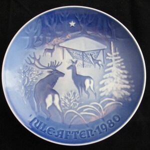 Bing and Grondahl Blue and White Christmas Plate &quot;Christmas in the Woods&quot; 1980 Vintage Danish Porcelain
