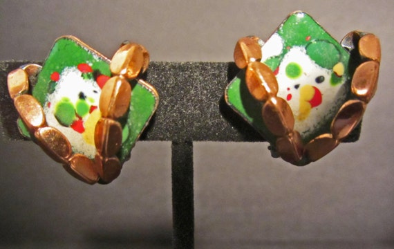 Copper Green Parti Colored Enamel Clip Earrings 1… - image 3