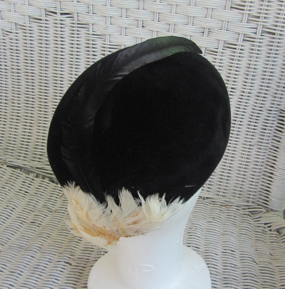 Black Wool Felt Pillbox Hat Vintage 50's Feather … - image 5