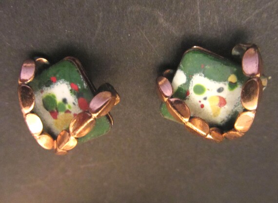 Copper Green Parti Colored Enamel Clip Earrings 1… - image 2