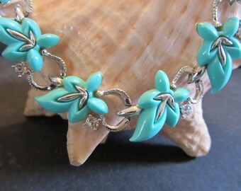STAR Chrome and Turquoise Flame Choker style Necklace and and  Earring Set Vintage 50's Fabulous Costume Jewelry