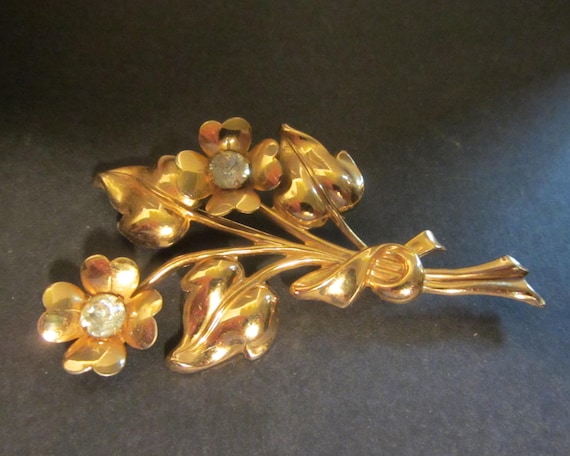 Gold and Rhinestone "Coro"  Floral Spray Brooch V… - image 1