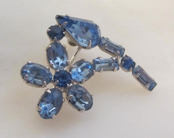 Blue Rhinestone Flower Brooch Pin Vintage Antique