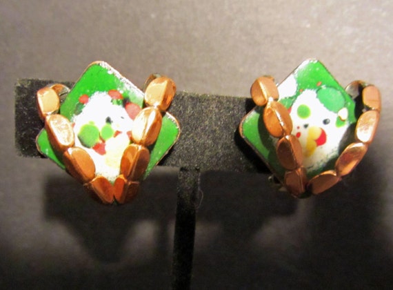 Copper Green Parti Colored Enamel Clip Earrings 1… - image 1