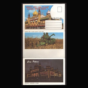 May include: A vintage postcard featuring the World's Only Corn Palace in Mitchell, South Dakota. The postcard shows the palace decorated with corn and other grains, and includes a photo of a combine harvester in a field of corn. The text on the postcard reads "World's Only Corn Palace, Mitchell, South Dakota" and "Harvest Time in South Dakota's Corn Fields".