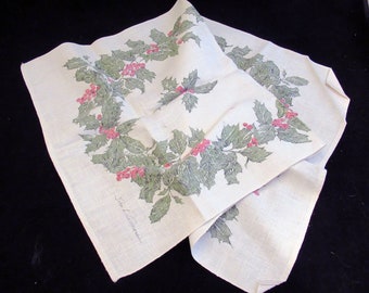 John L Gieroch Holly Berry Christmas Linen Tea Towel / Table Runner / Dish Towel  Vintage