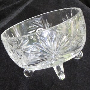 Three Footed Candy Dish Faux Cut Glass Pattern Vintage