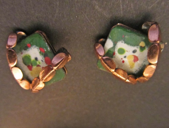 Copper Green Parti Colored Enamel Clip Earrings 1… - image 4