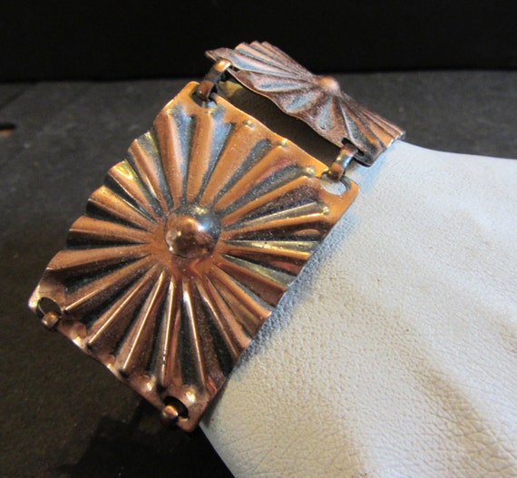 Stamped  Copper Starburst Bracelet Wide Cuff Styl… - image 1
