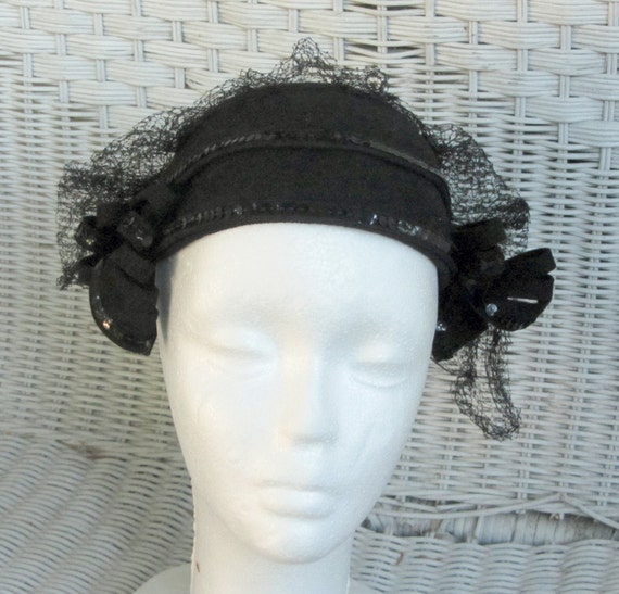 Black Cut Felt Sequin and Net Hat Vintage 20 display picture 3