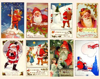 Vintage Santa digital collage sheet 2 from classic Christmas card designs, ATC/ACEO size, instant download
