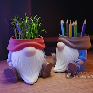 Può includere: Due vasi a forma di gnomo, uno con un cappello rosso e piante verdi, l'altro con un cappello marrone e matite colorate.