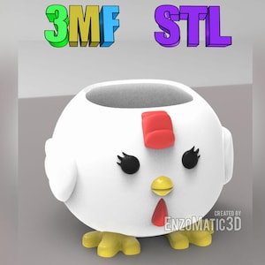 May include: White ceramic planter shaped like a chicken with yellow feet, red comb, and black eyes. The planter has a large opening at the top for planting. The text "CREATED BY ENZOMATIC3D" is visible at the bottom of the planter.