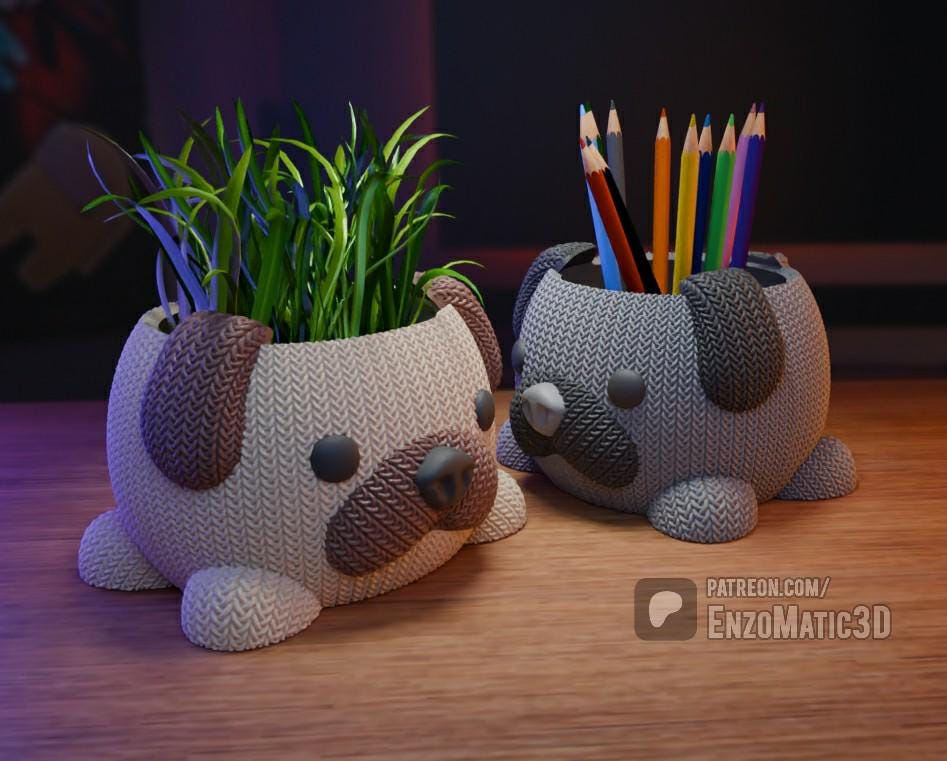 knitted puppy dog flower pot, planter, pencil holder - 3mf, STL file for 3d printer, 3d printing