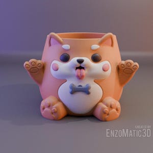 May include: A brown and white ceramic planter shaped like a dog with a tongue sticking out. The planter has a bone and bow tie on its chest and paw prints on its feet.
