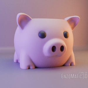Peut inclure: Une tirelire rose en forme de cochon avec des yeux noirs et un groin. La tirelire est posée sur une surface violet clair.