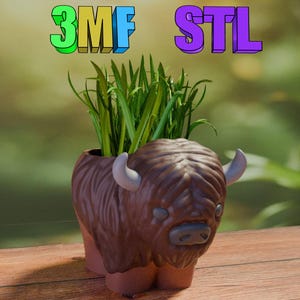 May include: A brown ceramic planter shaped like a bison with a green leafy plant growing out of the top. The planter has a furry texture and a cute cartoon face. The words "3MF STL" are written in colorful letters at the top of the image.
