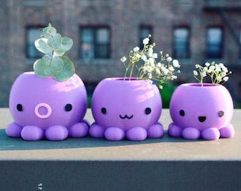 Puede incluir: Tres macetas de color púrpura con forma de pulpo con caras lindas. Las macetas están llenas de pequeñas plantas, incluyendo una rama de eucalipto y flores blancas.