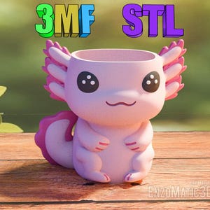 flower pot Axolotl - planter, pencil holder - 3mf pre-painted - STL file for 3D printer, 3D printing