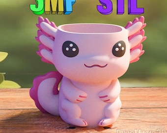 flower pot Axolotl - planter, pencil holder - 3mf pre-painted - STL file for 3D printer, 3D printing